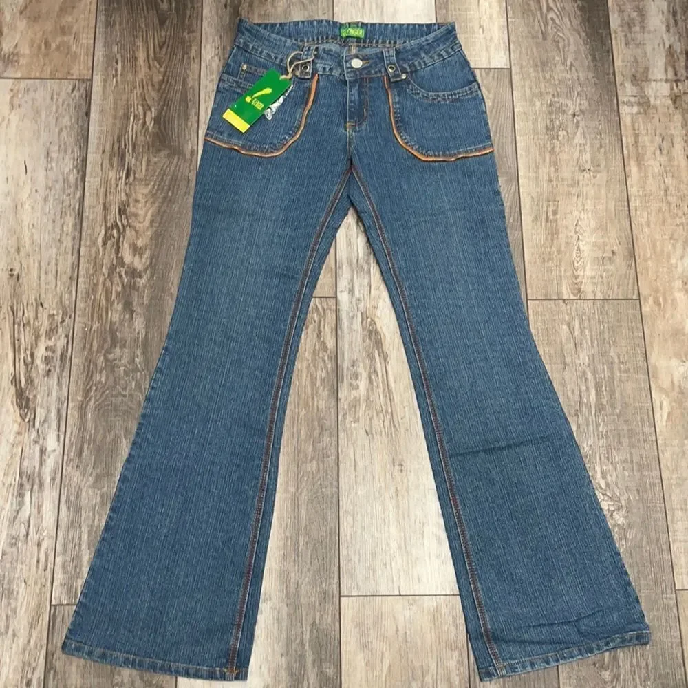 NWT Y2K G!nger Jeans Blue with Orange And Red Embroidered Stitching Size 10